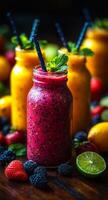 Colorful fresh fruit smoothies. A collection of colorful smoothies served in jars, surrounded by fresh fruits and mint leaves, on a rustic wooden table. photo