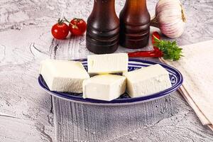 A plate of cheese and other food items on a table photo