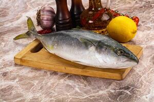 A fish on a cutting board with other ingredients photo