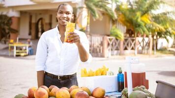 portrait of a happy smiling afro american casual trader man holding a bag with cut handles photo
