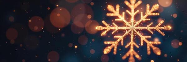 Glowing gold wireframe snowflake in a soft focus background, sparkly element, soft focus photo
