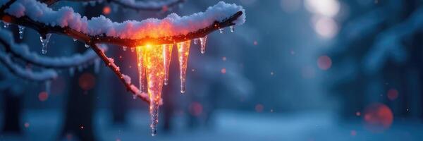 Glowing icicle hanging from a frosty tree branch with flames inside, glowing, radiant photo