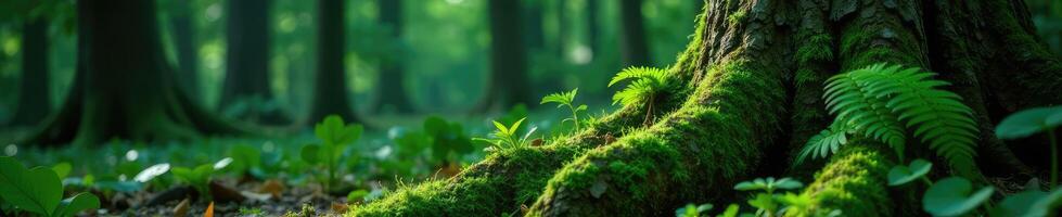 Ferns and moss growing on tree trunks in a dark forest, trunk, grunge, tree photo