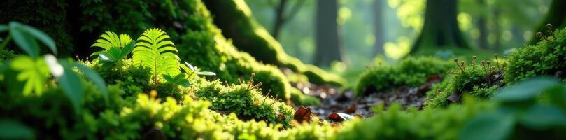 Ferns and moss growing through cracks in tree trunks, forest, forest floor, moss photo