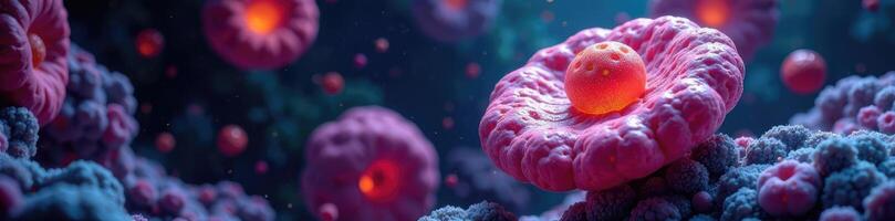 Large colorful cell with nucleus and cytoplasm, microscope, shapes photo