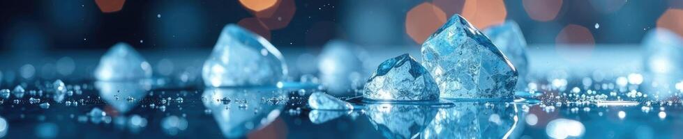 Water droplets fall on glass surface with ice shards inside, frosty, reflective photo