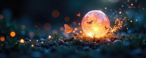 Delicate moths weave a trail of sparkles around a glowing orb, sparkly, trails, ethereal photo
