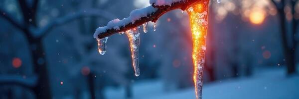 Glowing icicle hanging from a frosty tree branch with flames inside, fire, sparkling, icicle photo