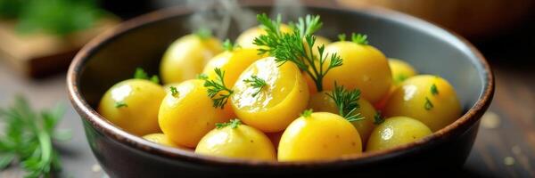 Steaming dill-infused potatoes with olive oil in a steamer basket, dill, meal prep photo