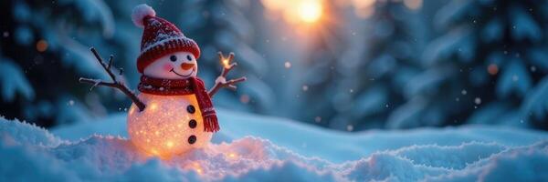 Lantern-lit snowman in the background of a snowy Christmas scene, frosty trees, lantern photo