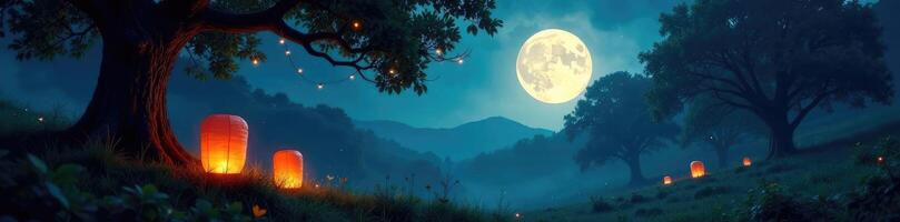 Lanterns softly glow under the full moon in a mystical forest, tree, greenery photo