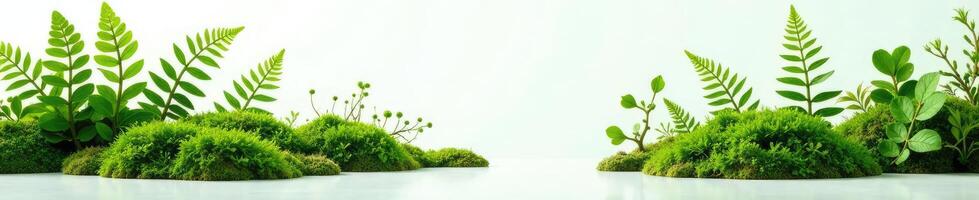 ferns and moss isolated on white surface in a forest environment, botanical, natural elements photo