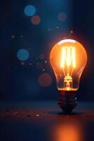 Glowing light bulb shines on dark blue bokeh background, emitting sparkles of white and pastel colors, glowing light, glowing object photo