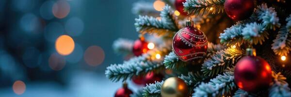 Festive Christmas tree with shiny ornaments, glittering lights, and frosty atmosphere, icicles, ribbons, ornament photo