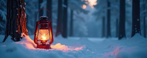 Lantern light flickers over snowy forest floor and tree trunks, snowy forests, frosty atmosphere photo