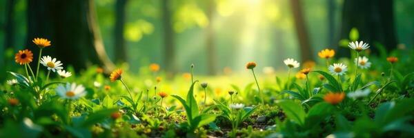 Ferns and wildflowers growing in soft, dappled sunlight beneath trees, leafy greens, natural light photo