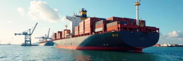Large container ship docked at the port with cranes nearby, unloading, vessels, containers photo