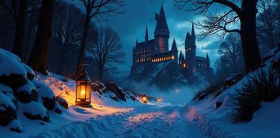 Lanterns illuminate pathways through the snowy grounds of Hogwarts, darkness, lanterns, castle photo