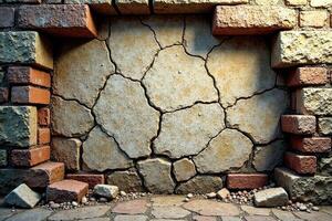 Stone wall with cracks and broken bricks behind it, stone, ruin photo