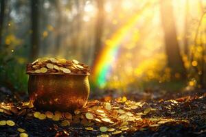 Pot of gold coins overflowing at the end of the rainbow in a forest photo