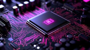 Cpu processing data on motherboard with pink lights photo