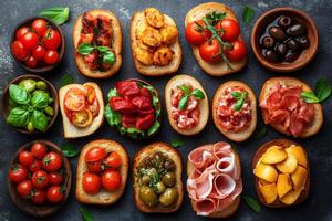 Variety of italian bruschetta with tomatoes, meat, olives and cheese composing a set of delicious appetizers photo