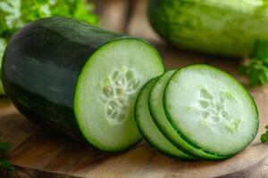 Sliced cucumber resting on wooden cutting board with parsley in background photo
