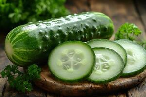 Fresh cucumber slices and whole cucumber on rustic wooden board photo