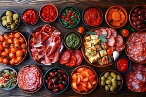 Overhead view of a colorful and inviting antipasto platter featuring a variety of italian delicacies photo