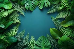 Tropical leaves creating a frame on teal background photo