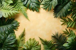 Tropical leaves creating a frame on yellow background photo