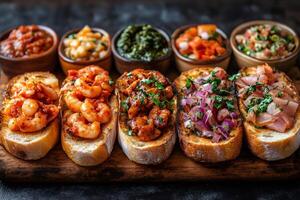 Chef preparing delicious gourmet bruschetta with various toppings on wooden board photo