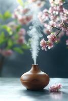 Aroma oil diffuser releasing calming fragrance in peaceful atmosphere with cherry blossoms photo