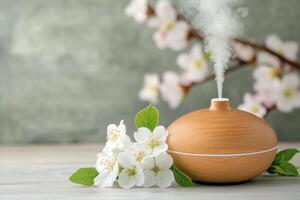 Aroma oil diffuser releasing calming steam into air with spring flowers. . photo
