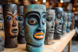 Colorful wooden tribal masks displayed on a shelf in a souvenir shop photo