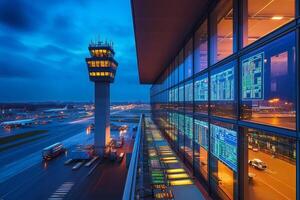 Airport control tower managing air traffic at dusk with data displayed on office windows photo
