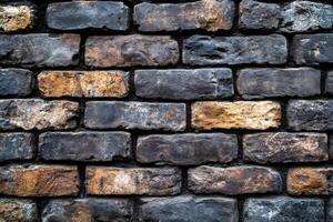 Dark and rustic brick wall showing a textured surface with varying colors photo