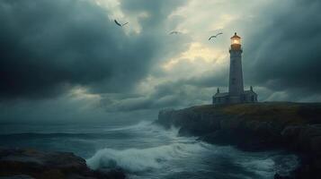 Lighthouse guiding ships through stormy seas at dusk photo