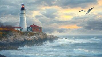 Scenic view of eastern point lighthouse at sunset with a seagull flying over a rough sea photo