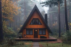 Cozy a frame cabin smoking in a misty autumn forest photo