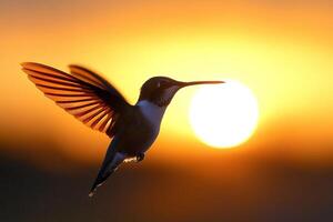 Hummingbird flying at sunset with open wings, freedom and nature concept photo