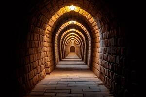 Stone corridor with arches and warm lighting creating a perspective effect photo