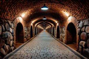 Underground tunnel featuring brick arches and cobblestone path with lighting photo