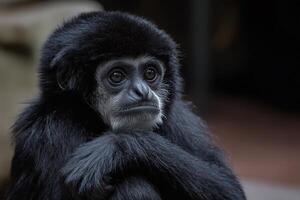 Young siamang gibbon showing thoughtful expression while hugging itself photo