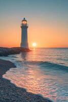 Lighthouse shining at sunset on the coastline guiding ships with its powerful light photo