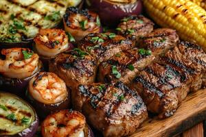 Grilled pork, shrimp, eggplant, and corn on the cob creating a delicious barbecue feast photo