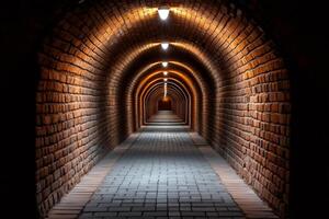 Long brick tunnel with cobblestone floor and lighting creating perspective effect photo