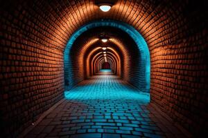 Long brick tunnel with cobblestone floor and lighting creating gradient effect photo