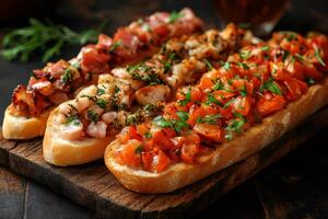 Delicious bruschetta with tomatoes, bacon, and herbs resting on wooden board photo