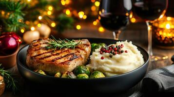 Grilled pork chops with mashed potatoes and brussel sprouts for christmas dinner photo